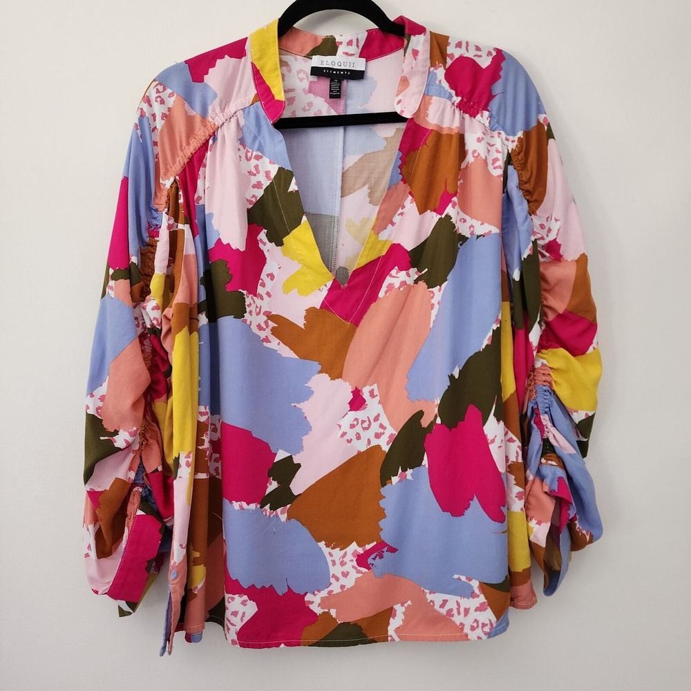 Eloquii Elements Blouse Multicolor Abstract Ruched Sleeve Womens Plus Size 20